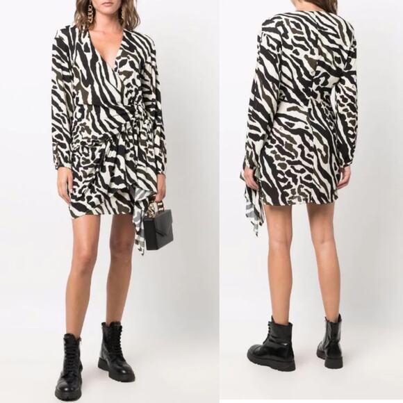 NWT Dundas beau zebra-print wrap mini dress sz 38 - Picture 1 of 8